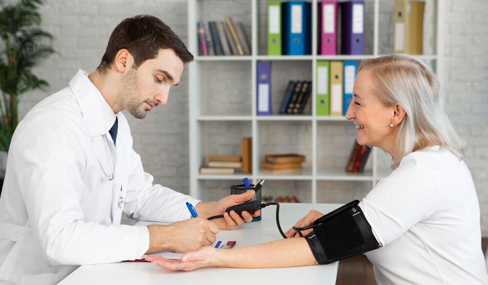 Medium shot doctor taking blood pressure