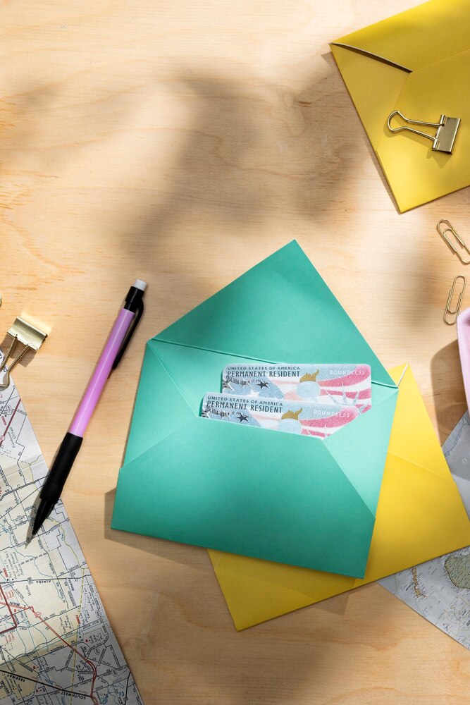 Flat lay green cards in envelope