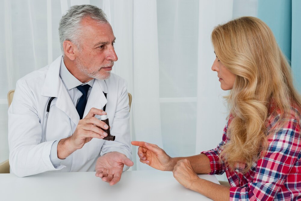 Doctor giving medical equipment to patient